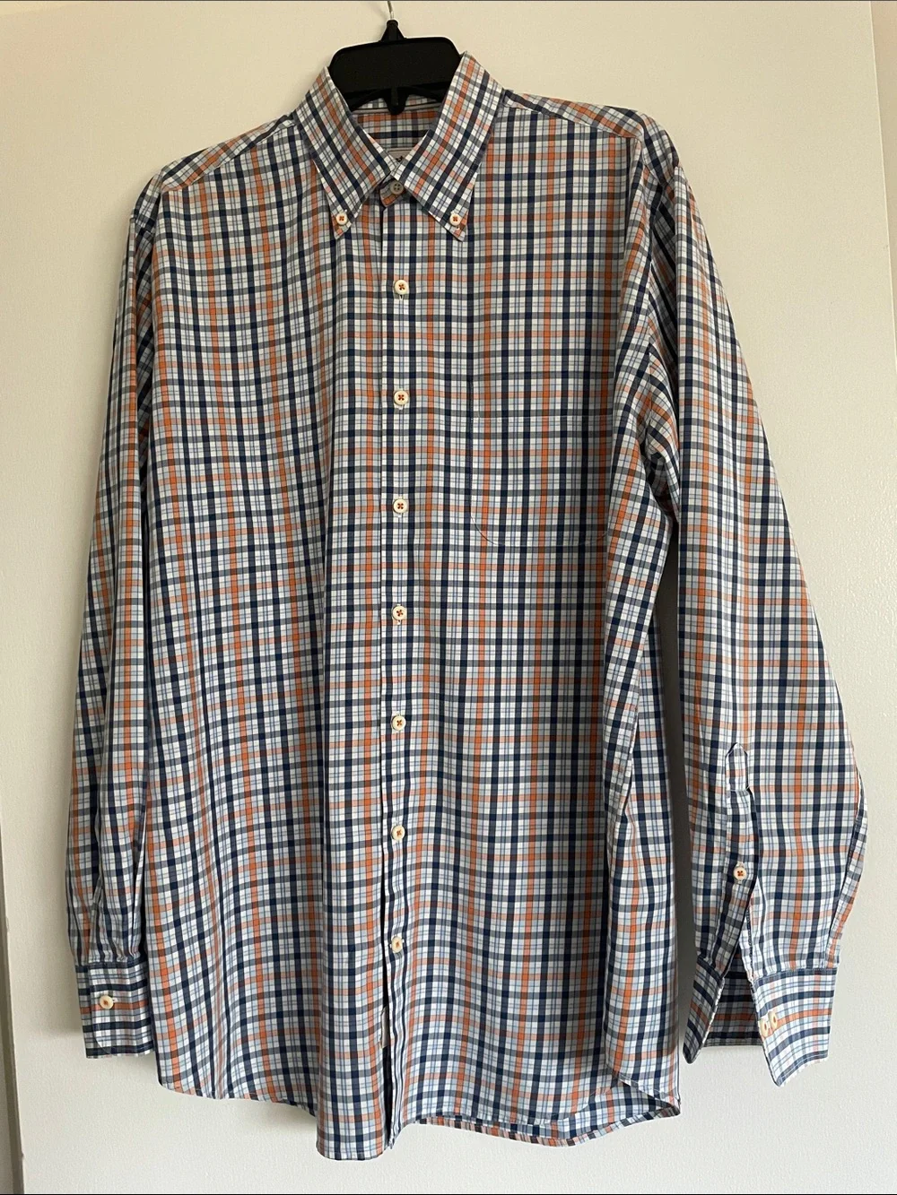 Peter Millar Men's Blue and Orange Plaid Button-Down Shirt